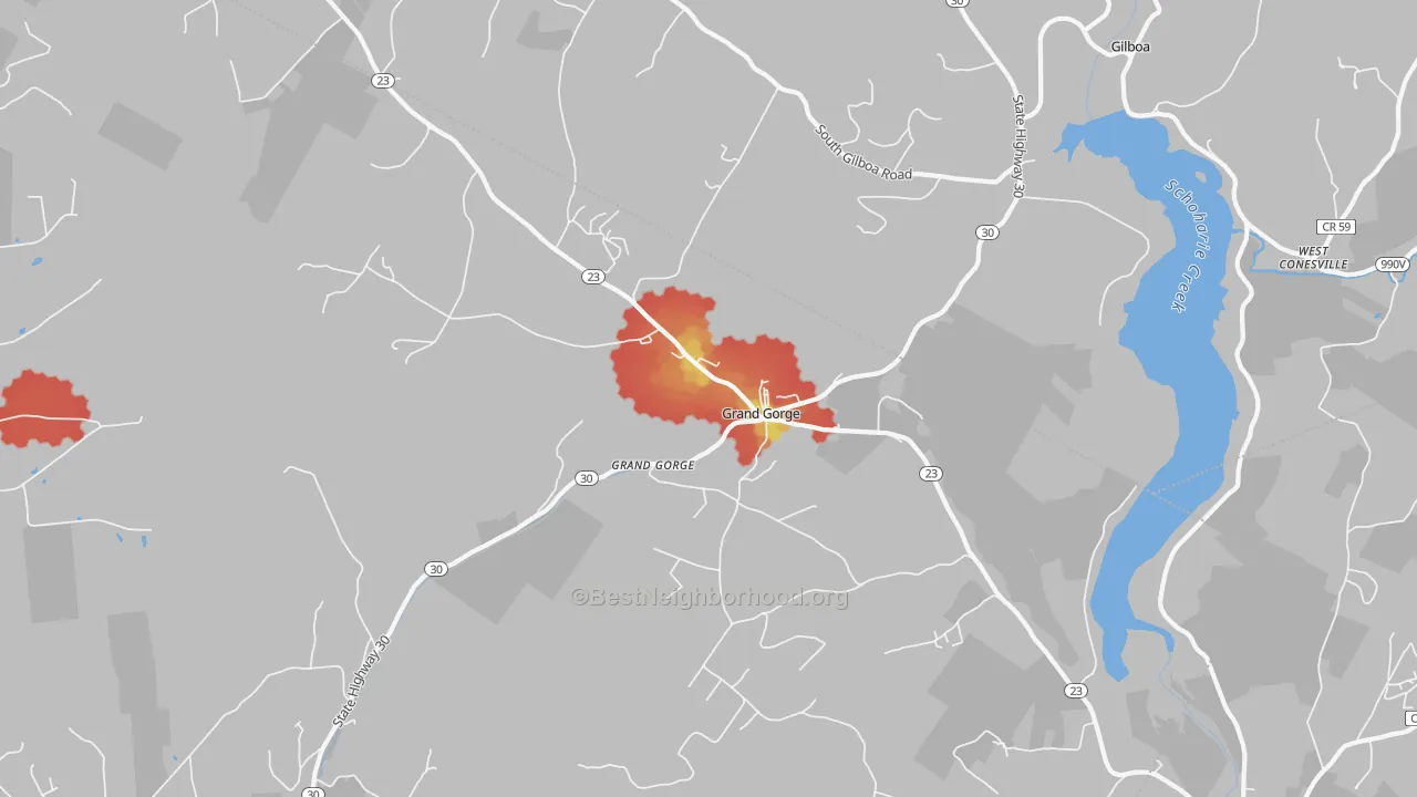 Walk Grade map of 12434, NY, walkable areas in green and car-dependent areas in red