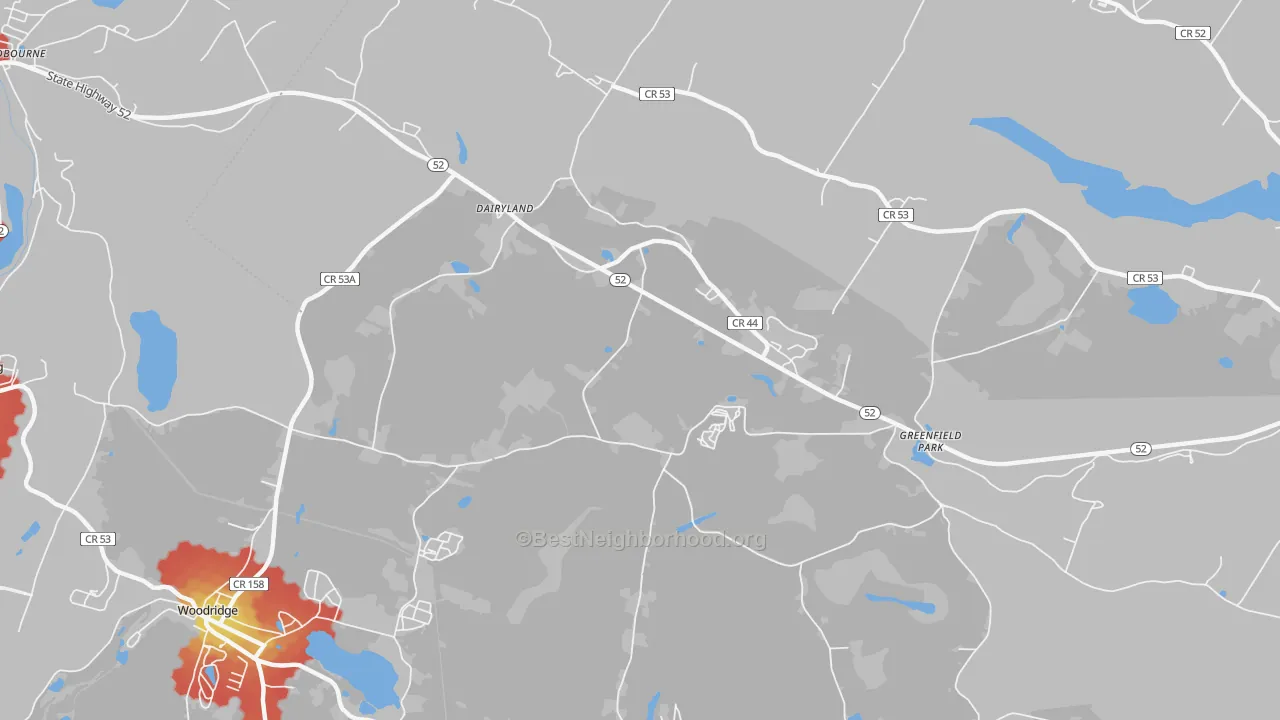 Walk Grade map of 12435, NY, walkable areas in green and car-dependent areas in red