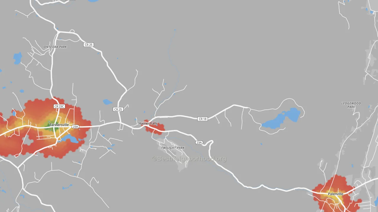 Walk Grade map of 12436, NY, walkable areas in green and car-dependent areas in red
