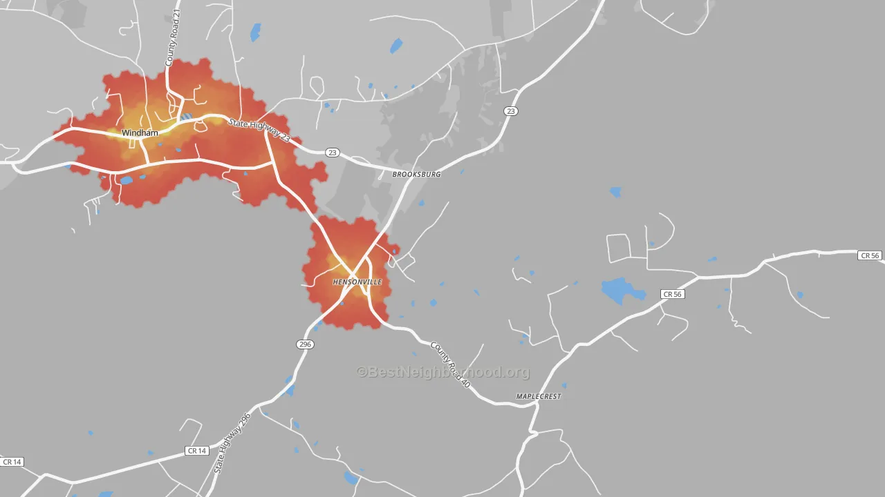 Walk Grade map of 12439, NY, walkable areas in green and car-dependent areas in red
