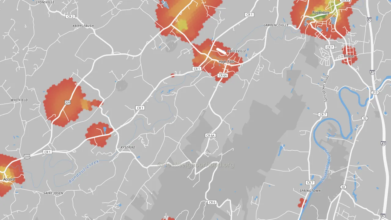 Walk Grade map of 12440, NY, walkable areas in green and car-dependent areas in red
