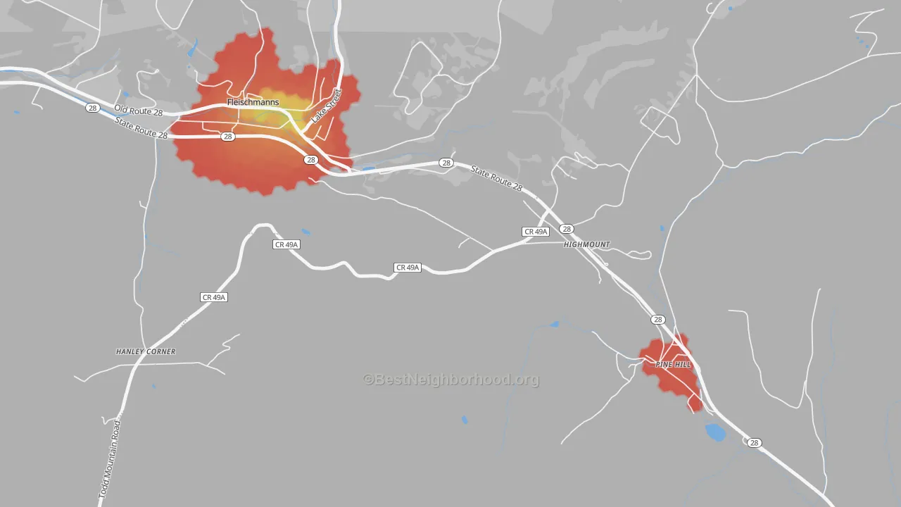 Walk Grade map of 12441, NY, walkable areas in green and car-dependent areas in red