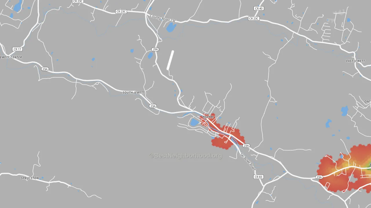 Walk Grade map of 12442, NY, walkable areas in green and car-dependent areas in red