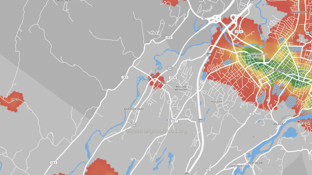 Walk Grade map of 12443, NY, walkable areas in green and car-dependent areas in red