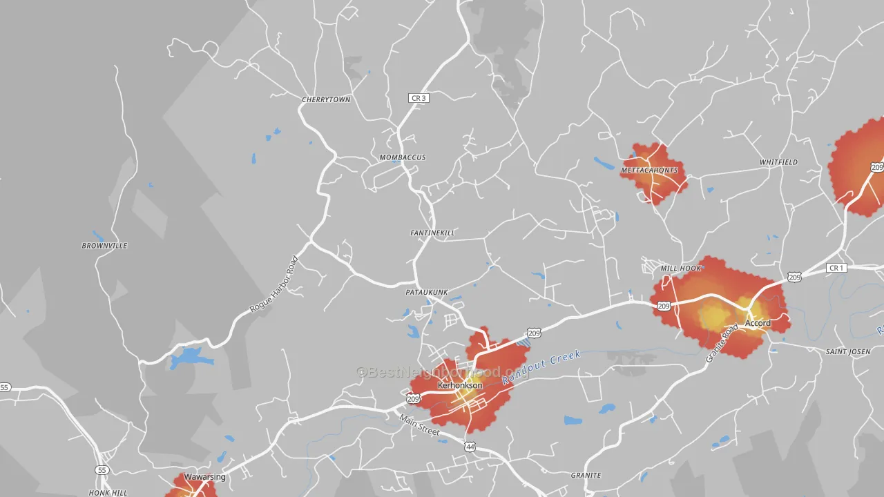 Walk Grade map of 12446, NY, walkable areas in green and car-dependent areas in red