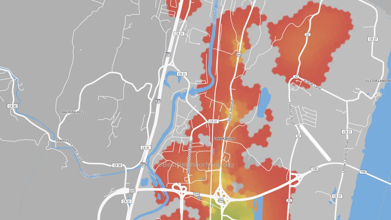 Walk Grade map of 12449, NY, walkable areas in green and car-dependent areas in red