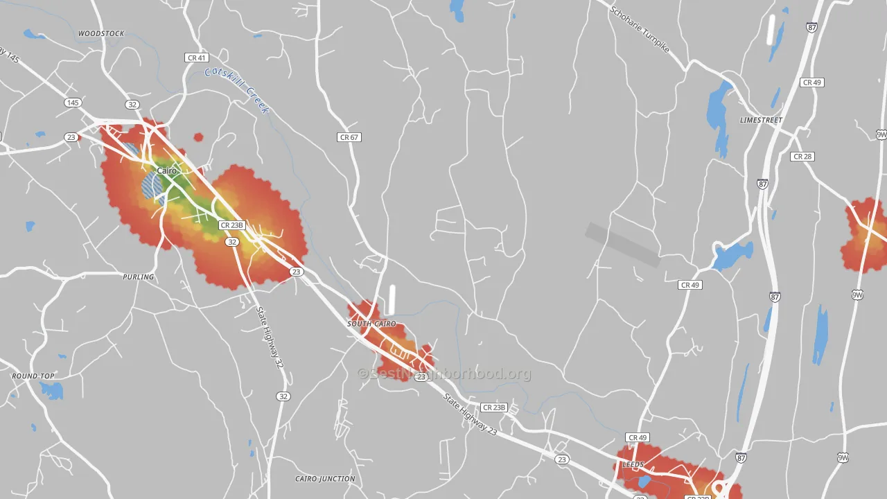 Walk Grade map of 12451, NY, walkable areas in green and car-dependent areas in red