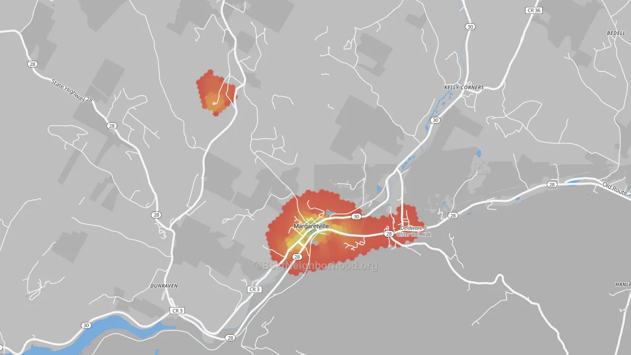 Walk Grade map of 12455, NY, walkable areas in green and car-dependent areas in red