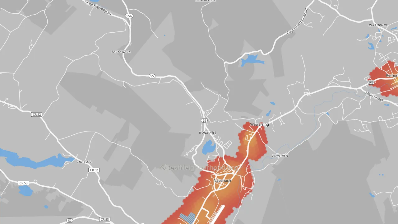 Walk Grade map of 12458, NY, walkable areas in green and car-dependent areas in red