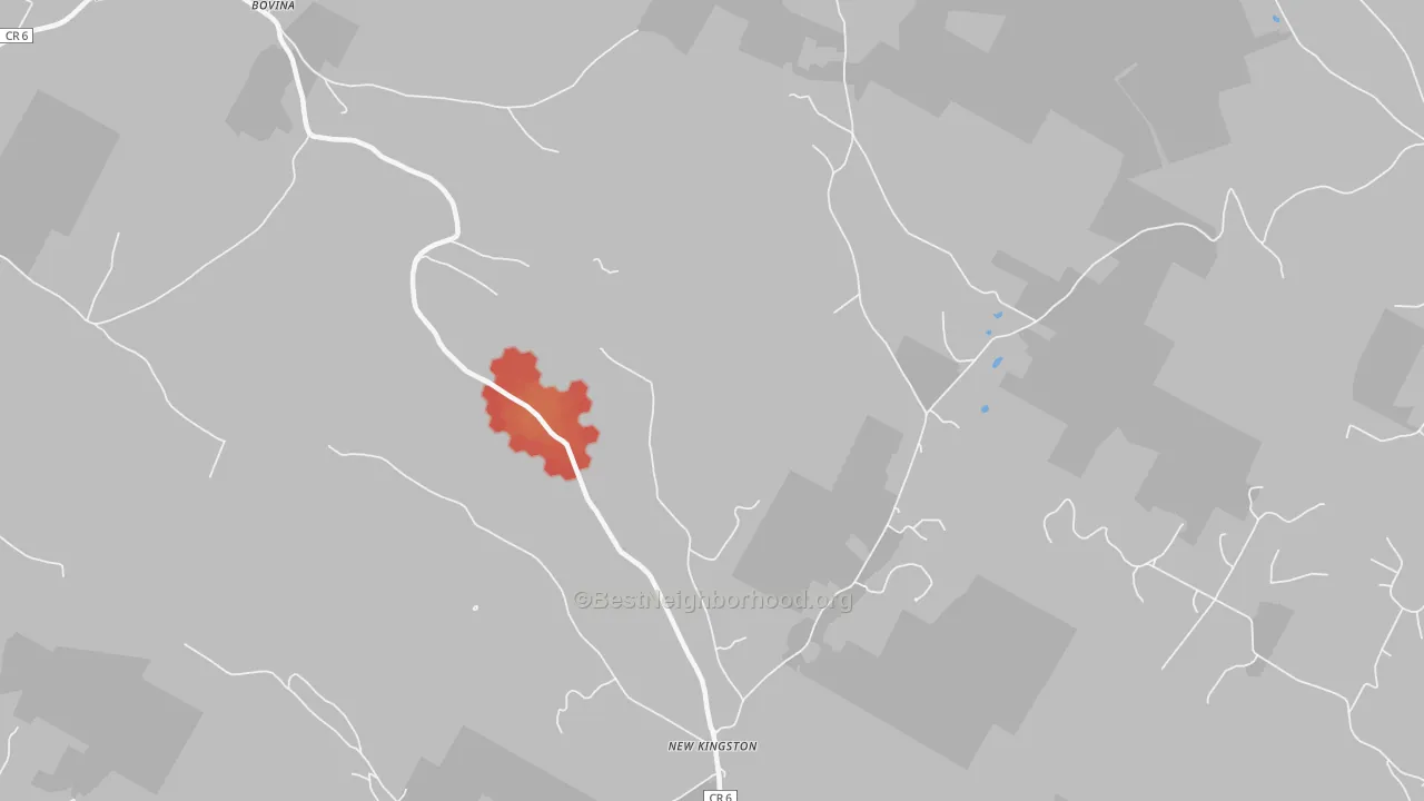 Walk Grade map of 12459, NY, walkable areas in green and car-dependent areas in red