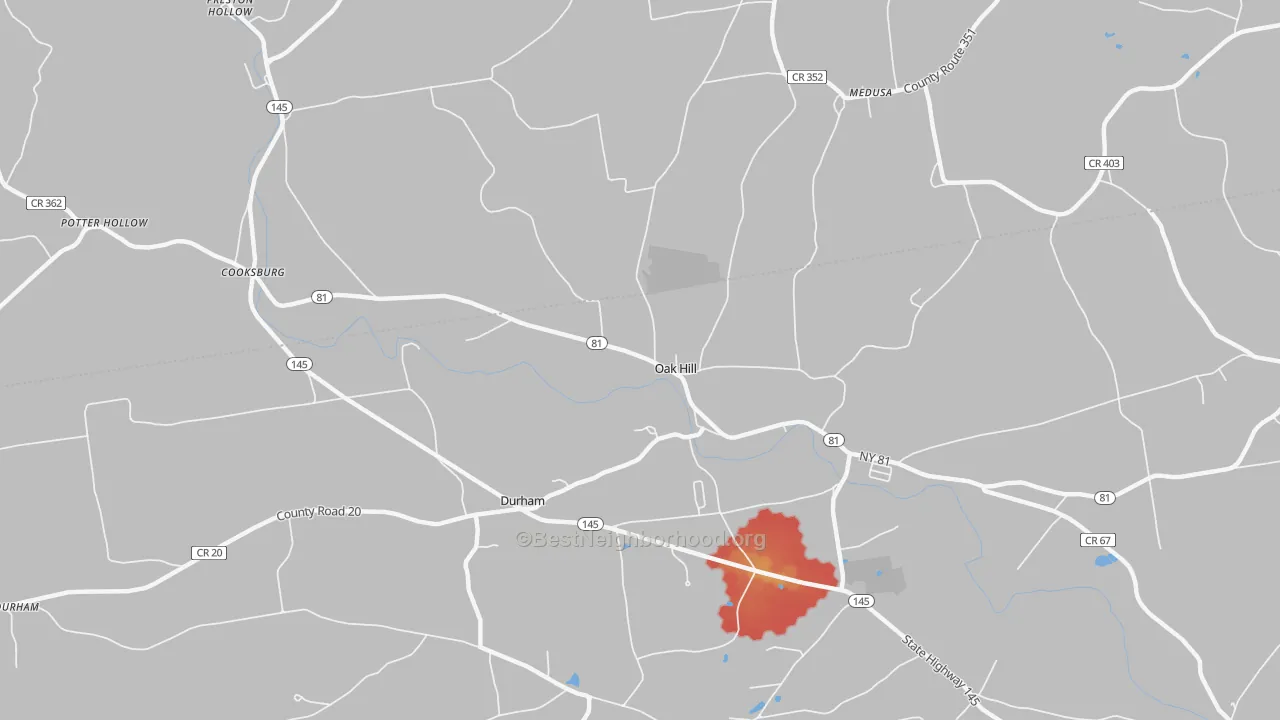 Walk Grade map of 12460, NY, walkable areas in green and car-dependent areas in red