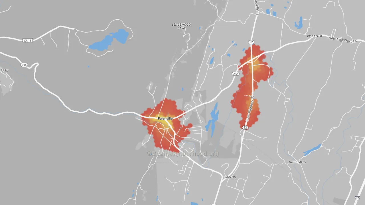 Walk Grade map of 12463, NY, walkable areas in green and car-dependent areas in red