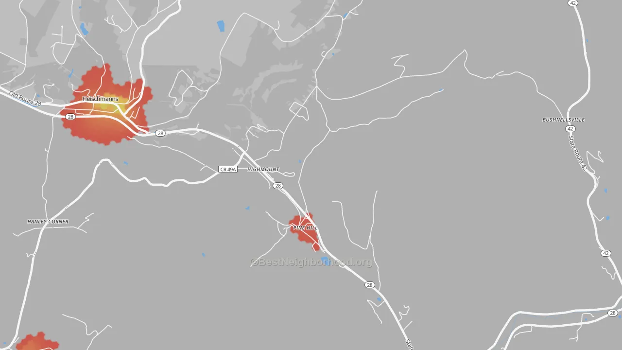 Walk Grade map of 12465, NY, walkable areas in green and car-dependent areas in red
