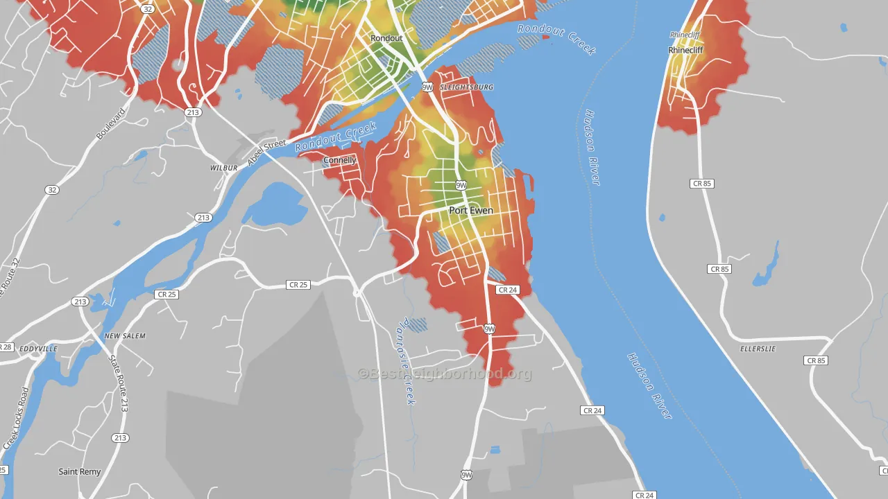 Walk Grade map of 12466, NY, walkable areas in green and car-dependent areas in red