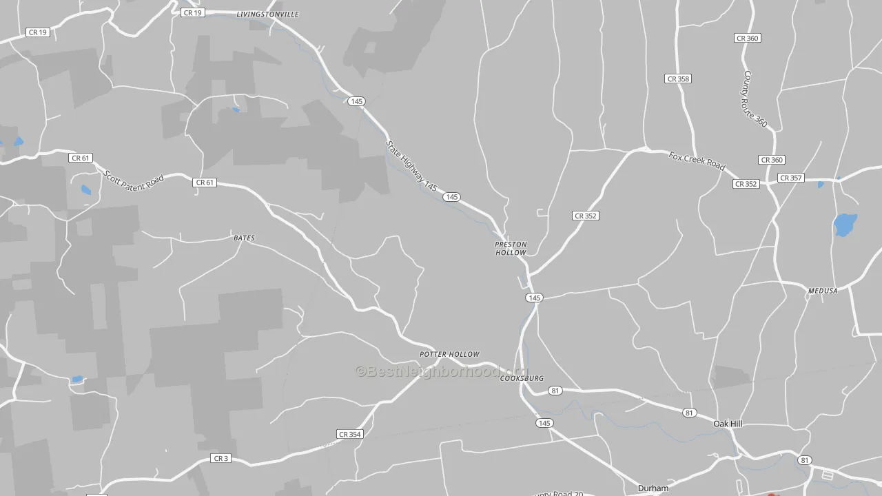 Walk Grade map of 12469, NY, walkable areas in green and car-dependent areas in red
