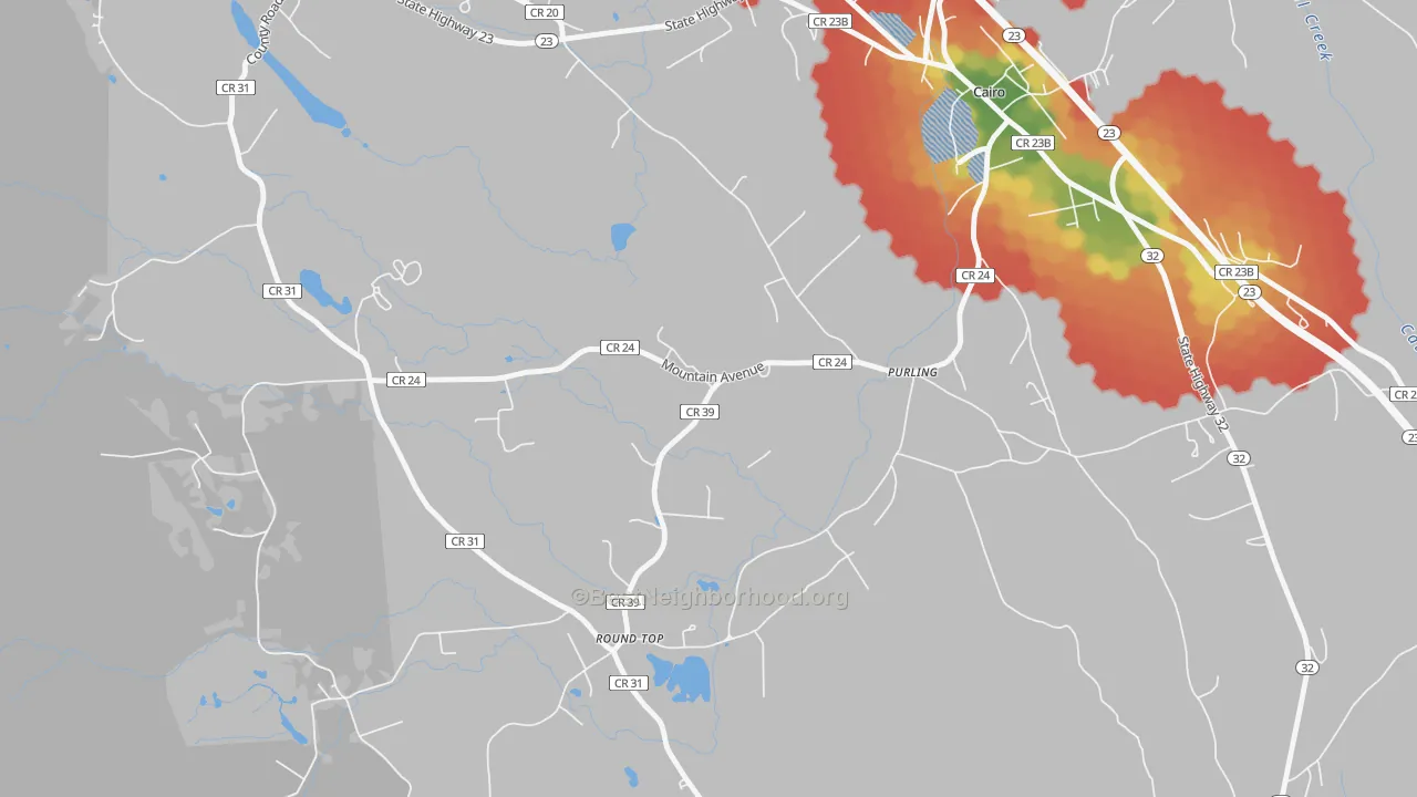 Walk Grade map of 12470, NY, walkable areas in green and car-dependent areas in red