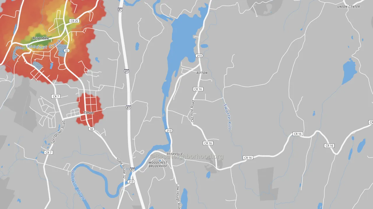 Walk Grade map of 12471, NY, walkable areas in green and car-dependent areas in red