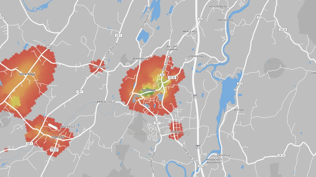 Walk Grade map of 12472, NY, walkable areas in green and car-dependent areas in red