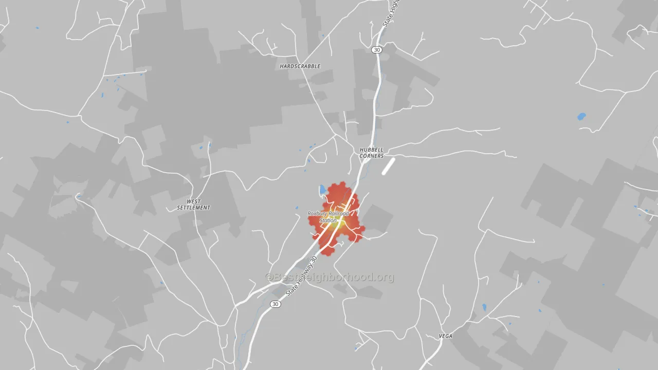 Walk Grade map of 12474, NY, walkable areas in green and car-dependent areas in red