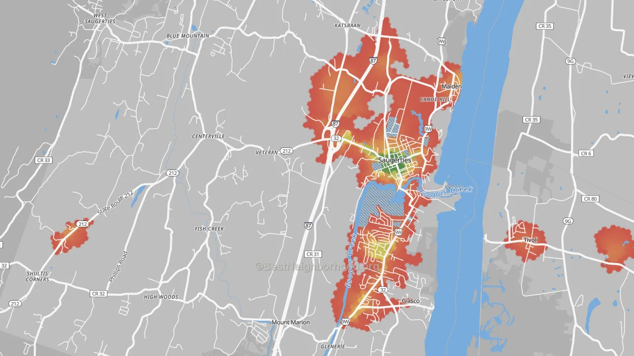Walk Grade map of 12477, NY, walkable areas in green and car-dependent areas in red