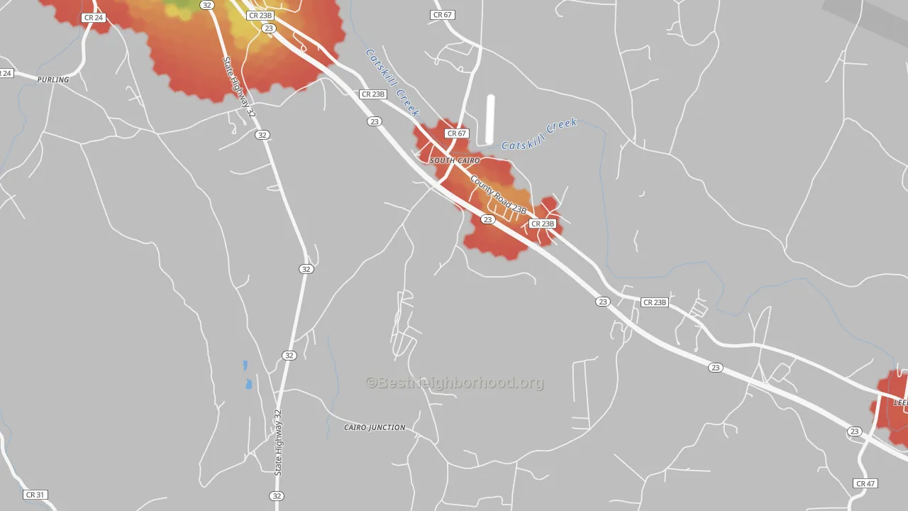 Walk Grade map of 12482, NY, walkable areas in green and car-dependent areas in red