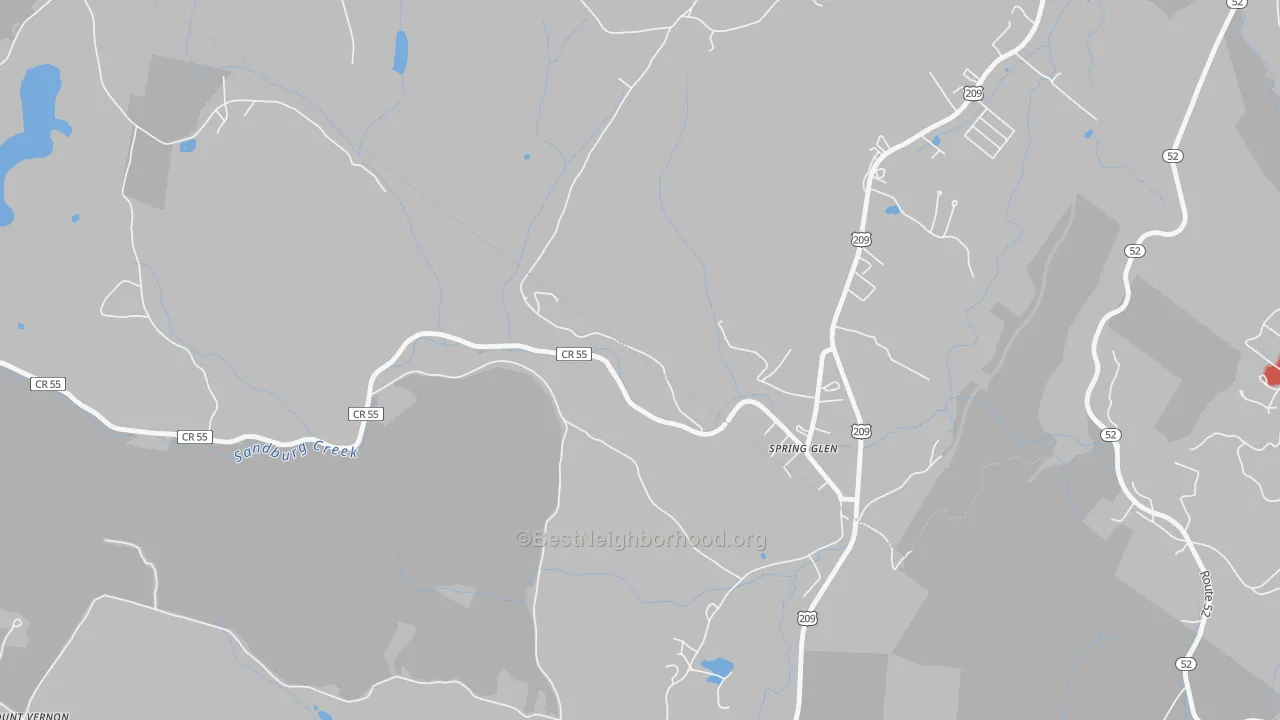 Walk Grade map of 12483, NY, walkable areas in green and car-dependent areas in red
