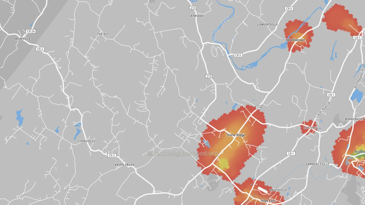 Walk Grade map of 12484, NY, walkable areas in green and car-dependent areas in red