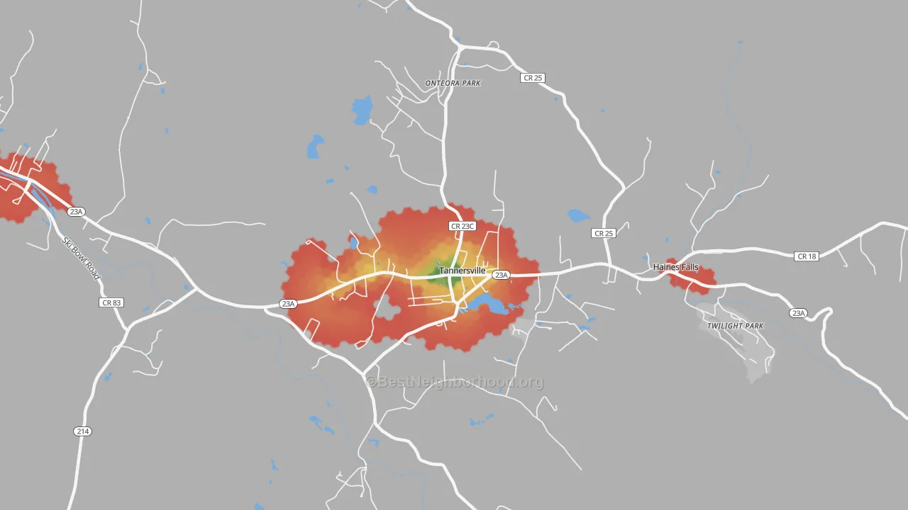 Walk Grade map of 12485, NY, walkable areas in green and car-dependent areas in red