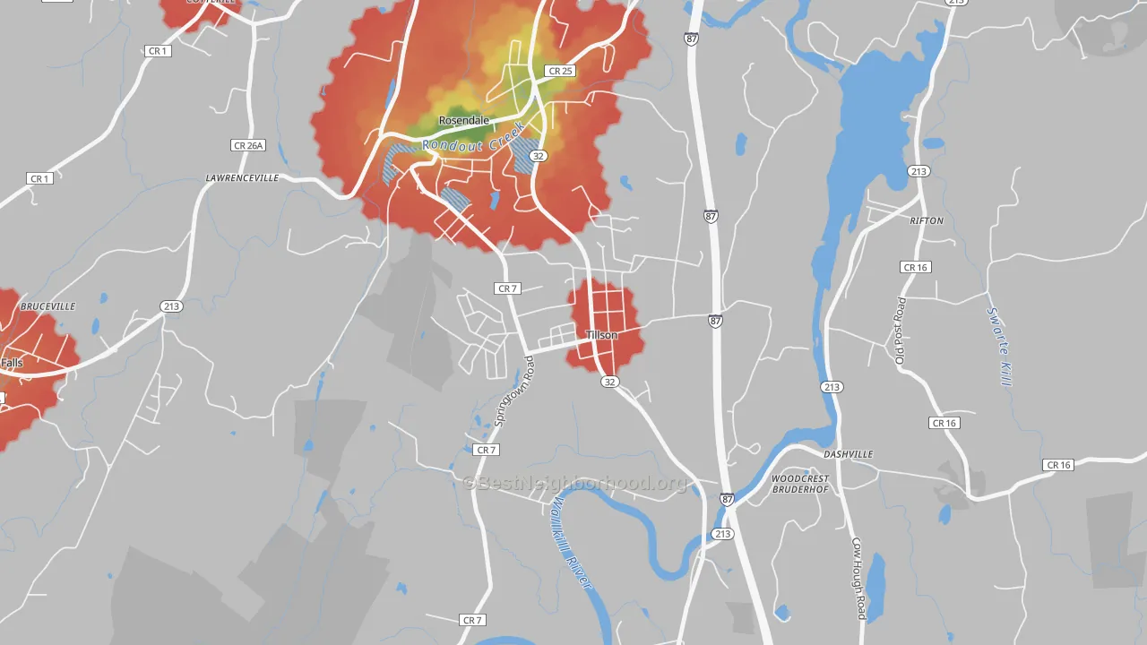 Walk Grade map of 12486, NY, walkable areas in green and car-dependent areas in red