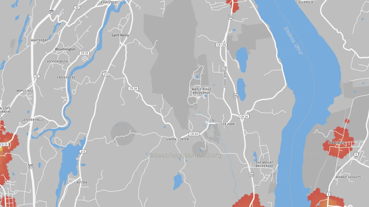 Walk Grade map of 12487, NY, walkable areas in green and car-dependent areas in red