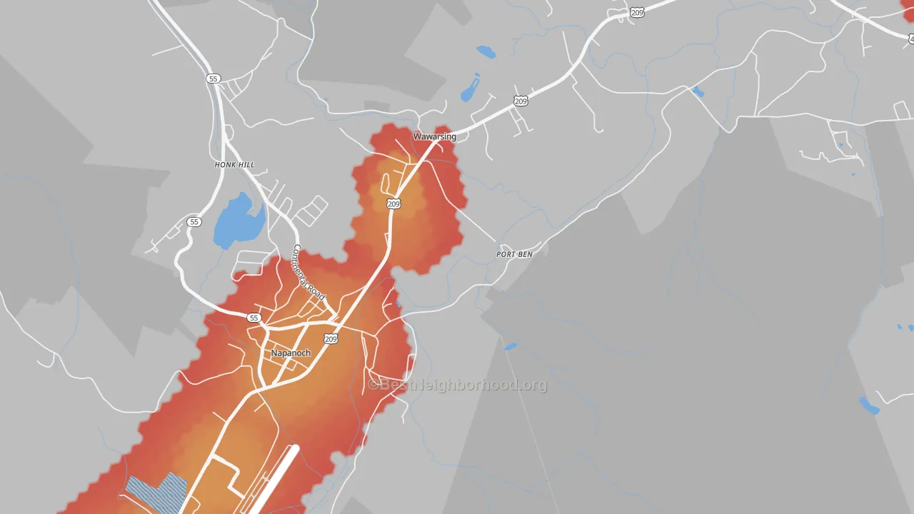 Walk Grade map of 12489, NY, walkable areas in green and car-dependent areas in red