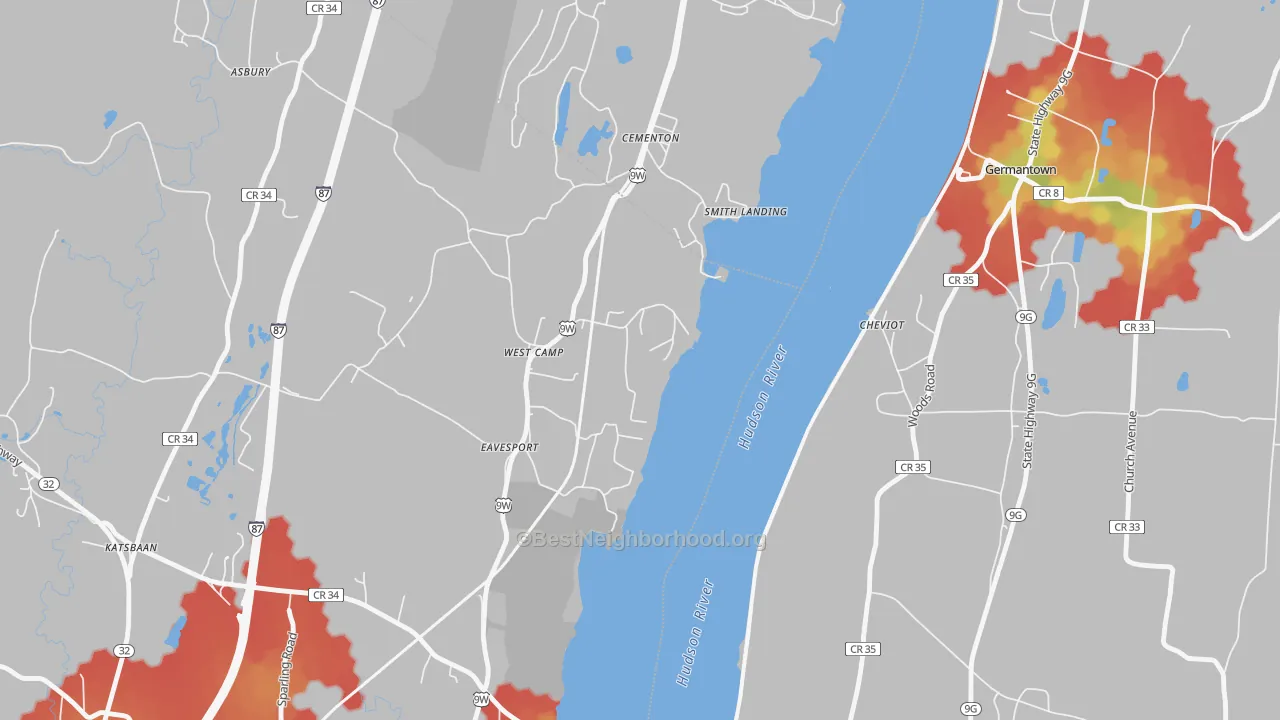 Walk Grade map of 12490, NY, walkable areas in green and car-dependent areas in red