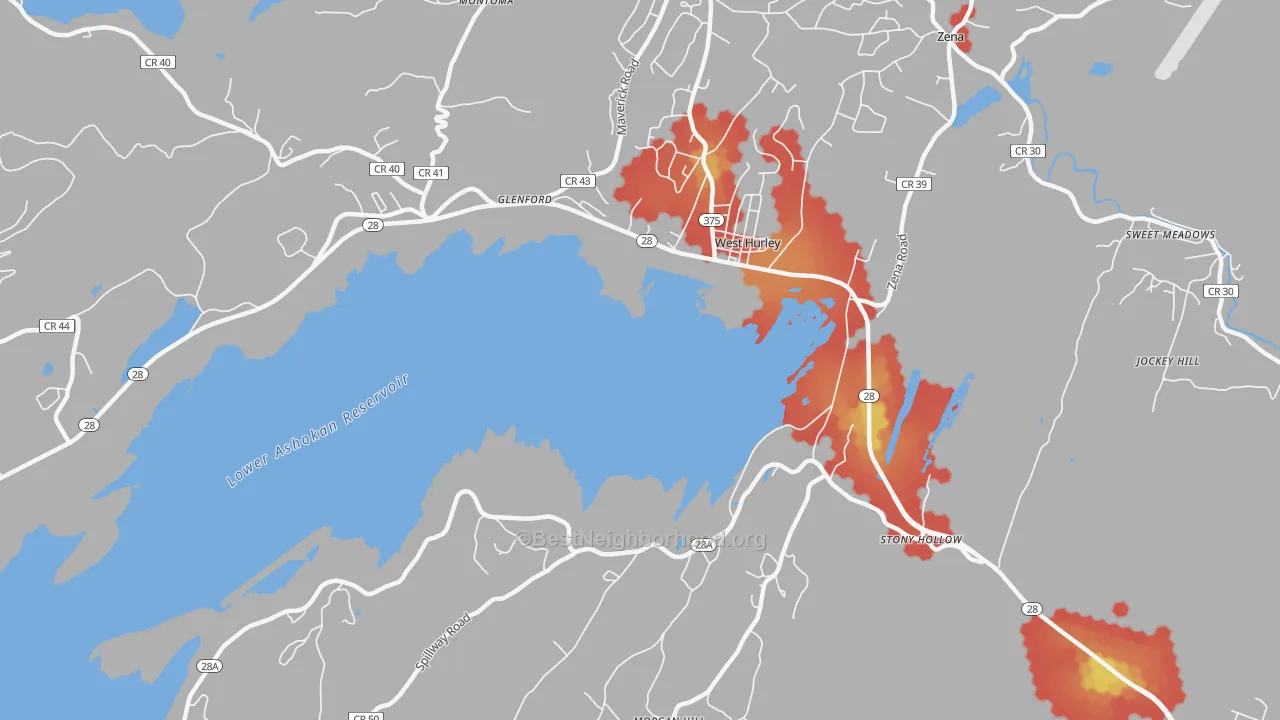 Walk Grade map of 12491, NY, walkable areas in green and car-dependent areas in red