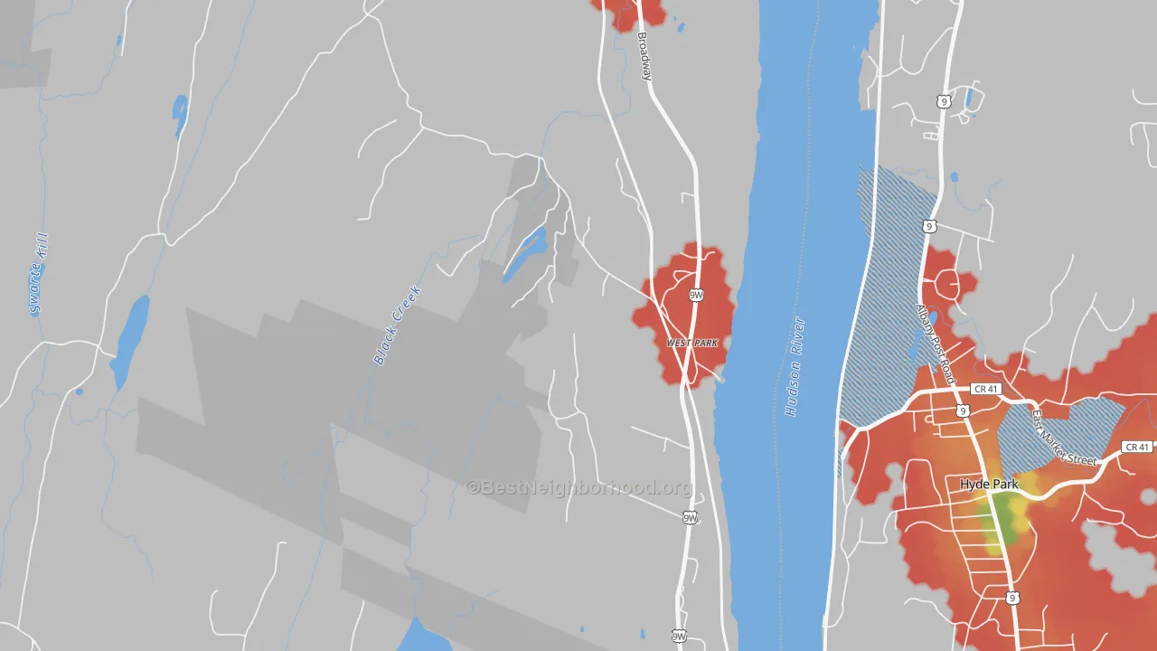 Walk Grade map of 12493, NY, walkable areas in green and car-dependent areas in red