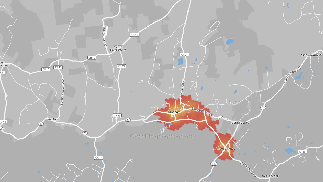Walk Grade map of 12496, NY, walkable areas in green and car-dependent areas in red