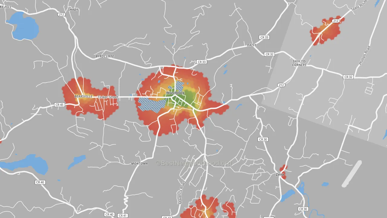 Walk Grade map of 12498, NY, walkable areas in green and car-dependent areas in red