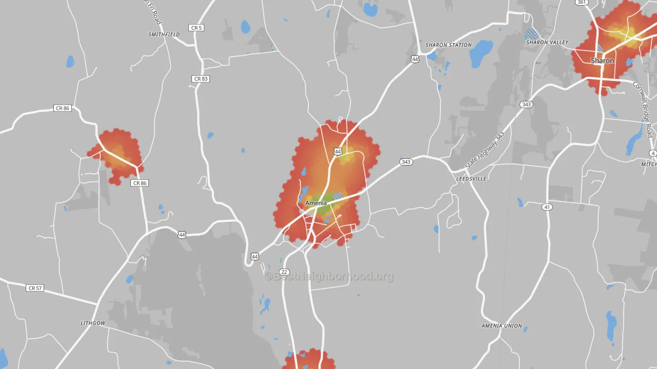 Walk Grade map of 12501, NY, walkable areas in green and car-dependent areas in red