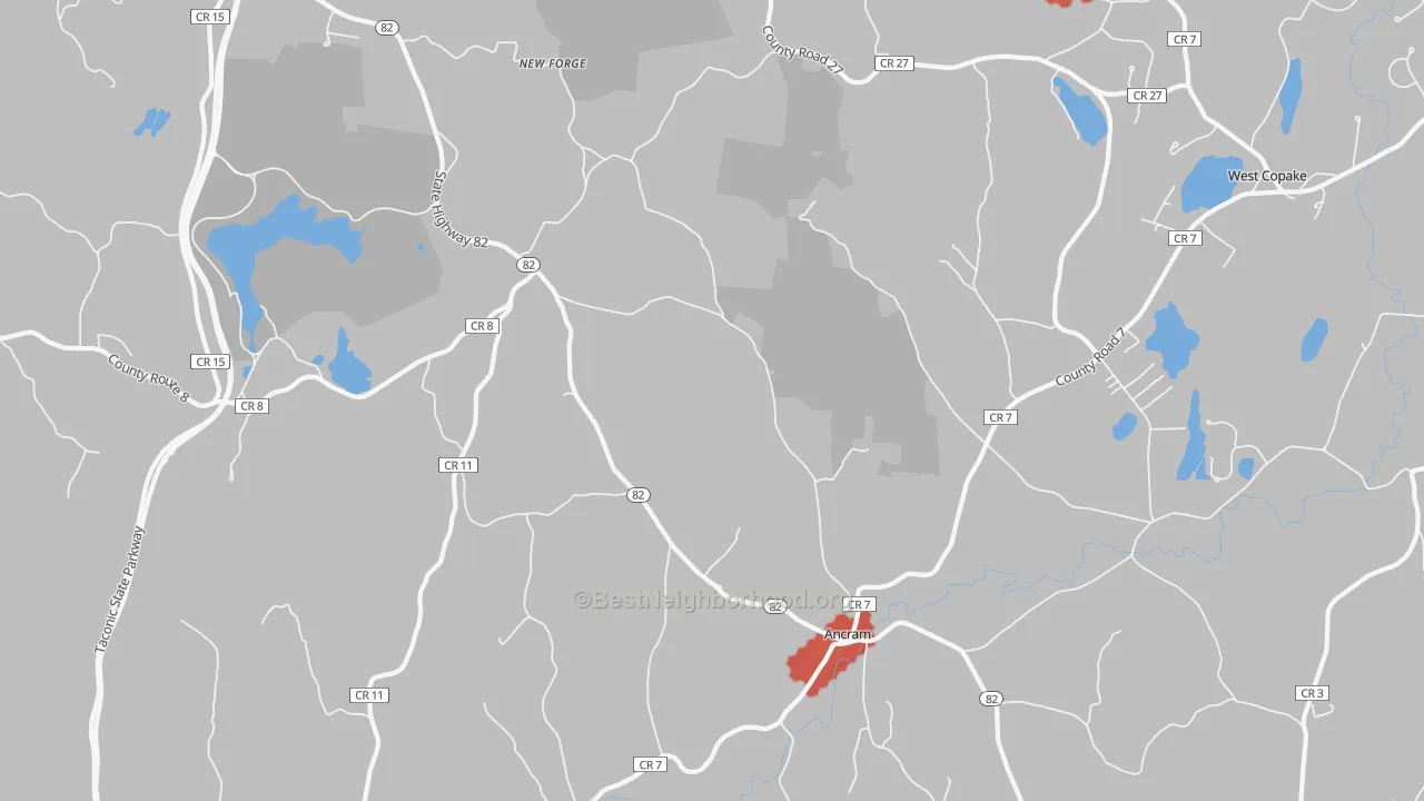 Walk Grade map of 12502, NY, walkable areas in green and car-dependent areas in red