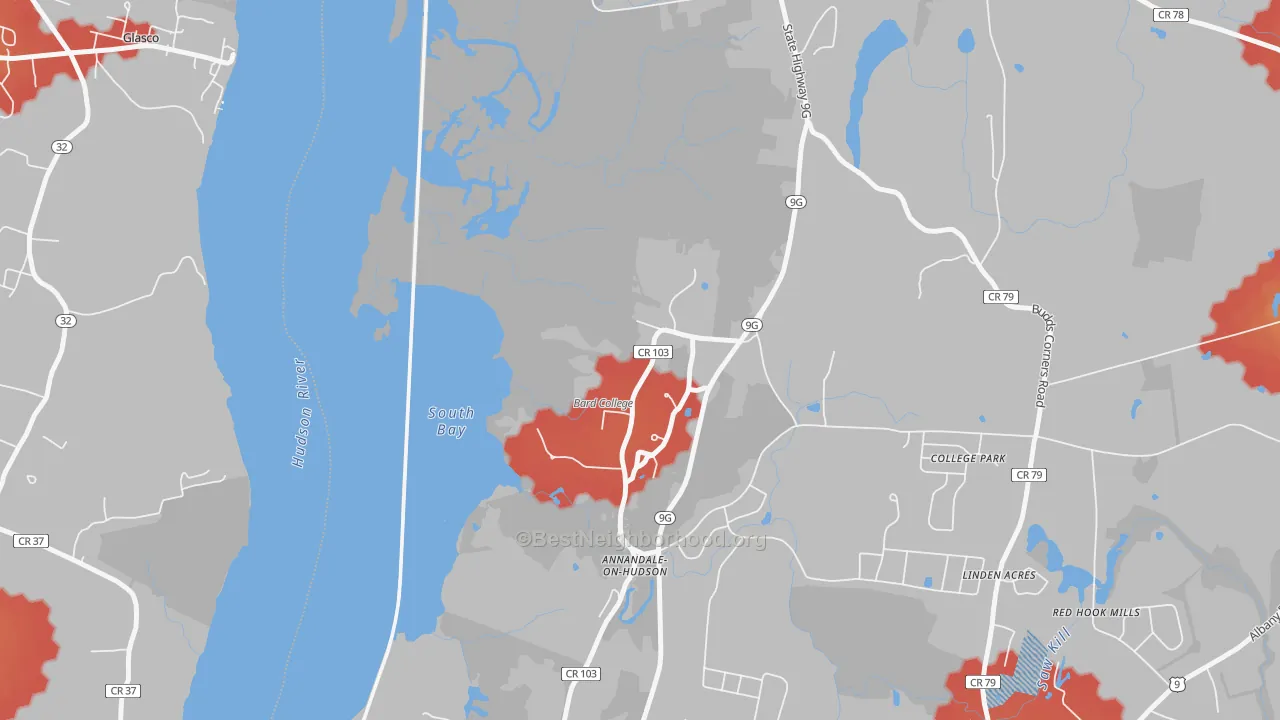 Walk Grade map of 12504, NY, walkable areas in green and car-dependent areas in red