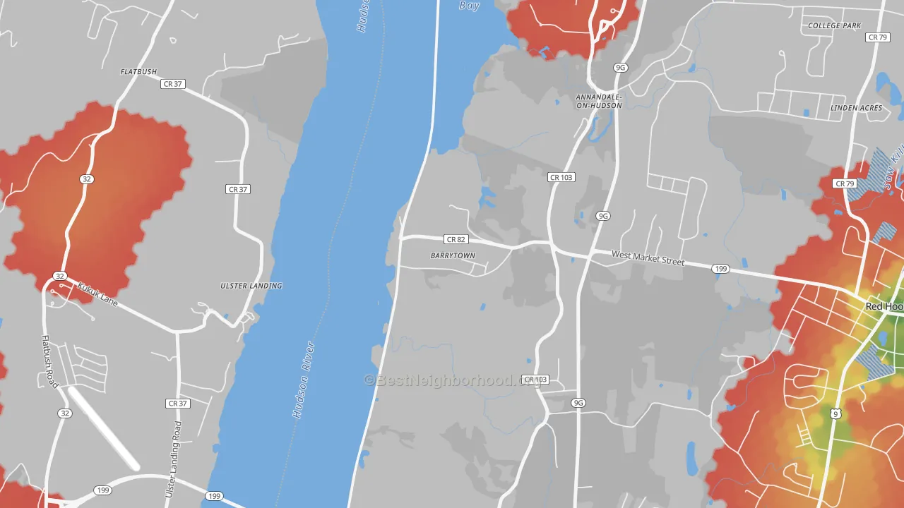 Walk Grade map of 12507, NY, walkable areas in green and car-dependent areas in red
