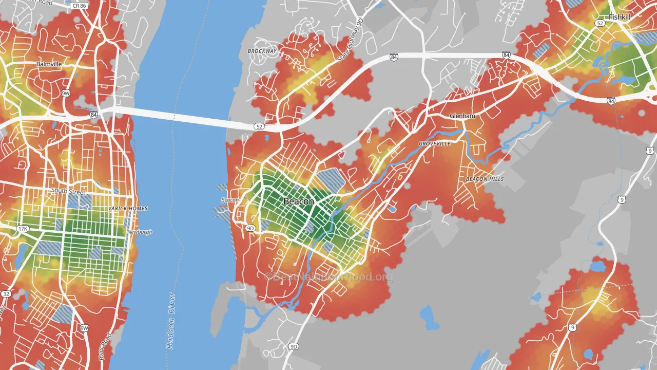 Walk Grade map of 12508, NY, walkable areas in green and car-dependent areas in red