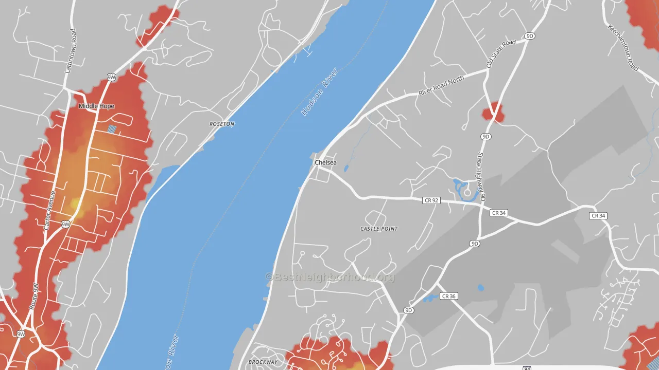 Walk Grade map of 12512, NY, walkable areas in green and car-dependent areas in red
