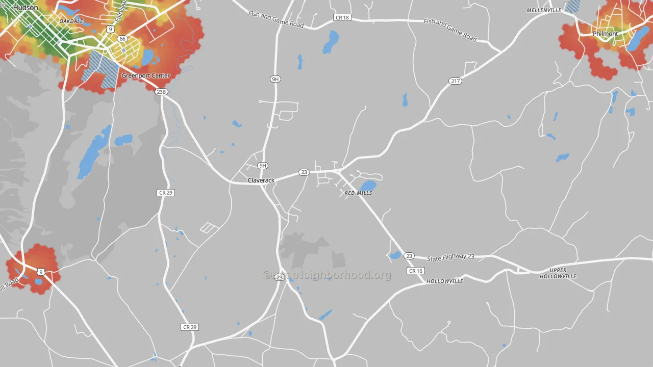 Walk Grade map of 12513, NY, walkable areas in green and car-dependent areas in red