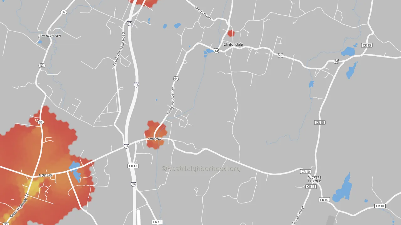 Walk Grade map of 12515, NY, walkable areas in green and car-dependent areas in red