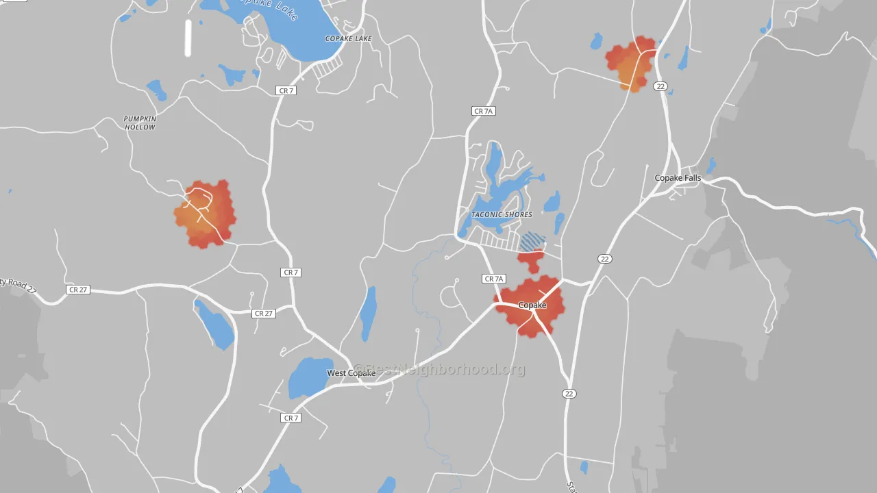 Walk Grade map of 12516, NY, walkable areas in green and car-dependent areas in red