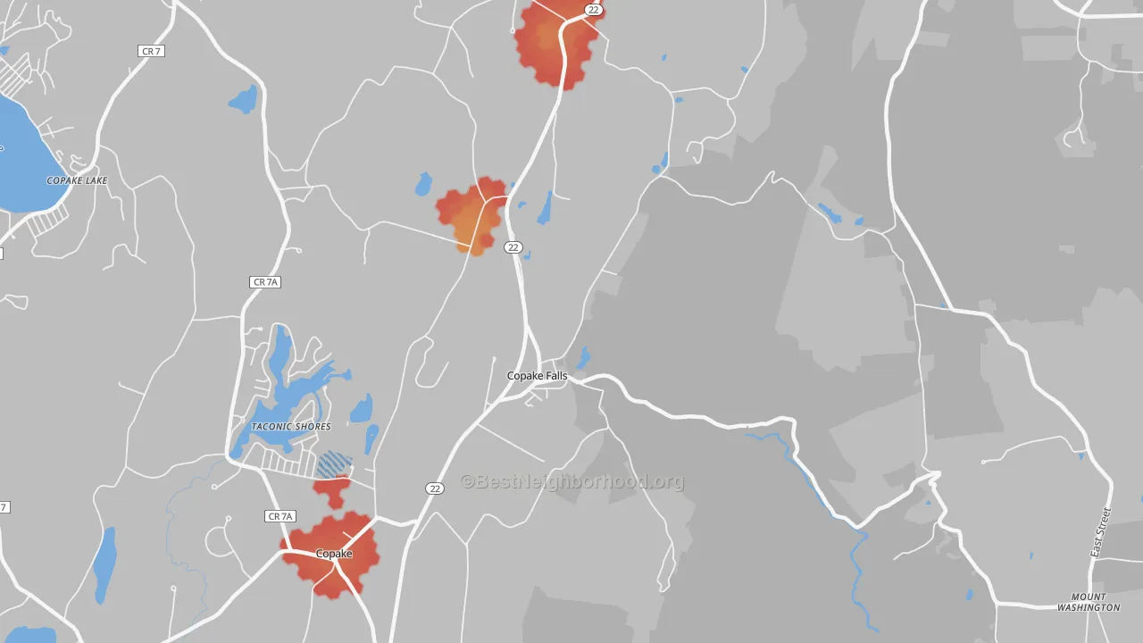 Walk Grade map of 12517, NY, walkable areas in green and car-dependent areas in red