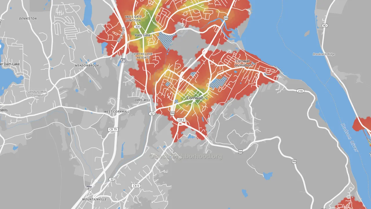 Walk Grade map of 12518, NY, walkable areas in green and car-dependent areas in red