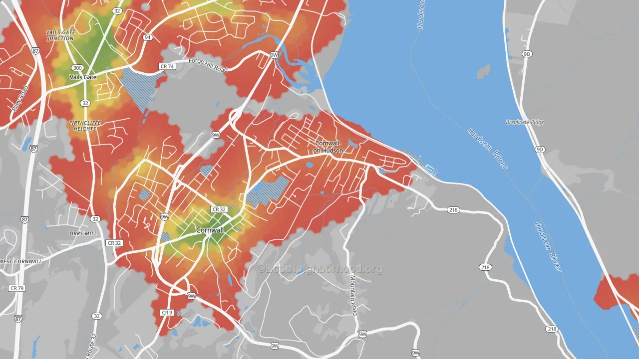 Walk Grade map of 12520, NY, walkable areas in green and car-dependent areas in red