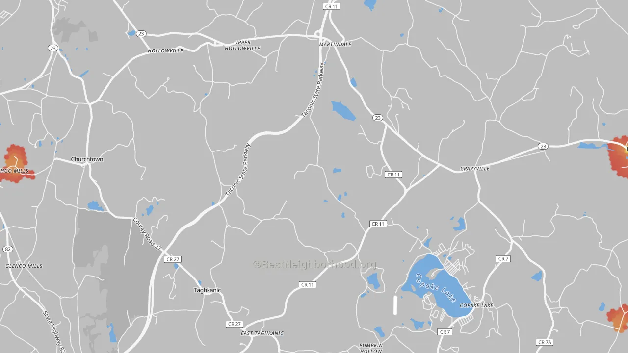 Walk Grade map of 12521, NY, walkable areas in green and car-dependent areas in red