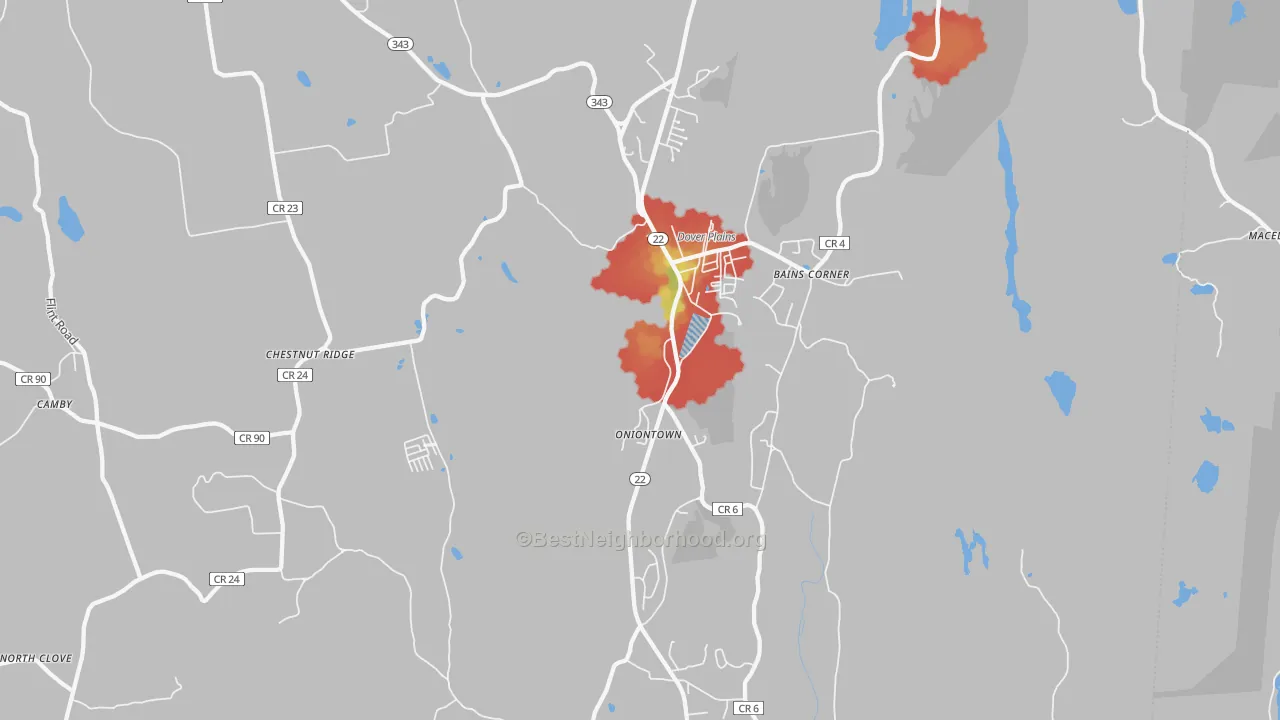 Walk Grade map of 12522, NY, walkable areas in green and car-dependent areas in red